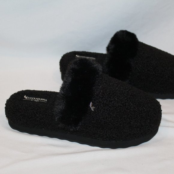 NIB UGG KOOLABURRA WOMEN'S‎ PEACHTREE CURLY FUR SLIP ON SLIPPERS BLACK - Picture 2 of 6